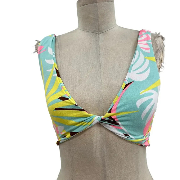 Maaji Smocked Twist Front Bikini Top Blue Palm Tree Tropical Print Size Medium - Picture 2 of 11